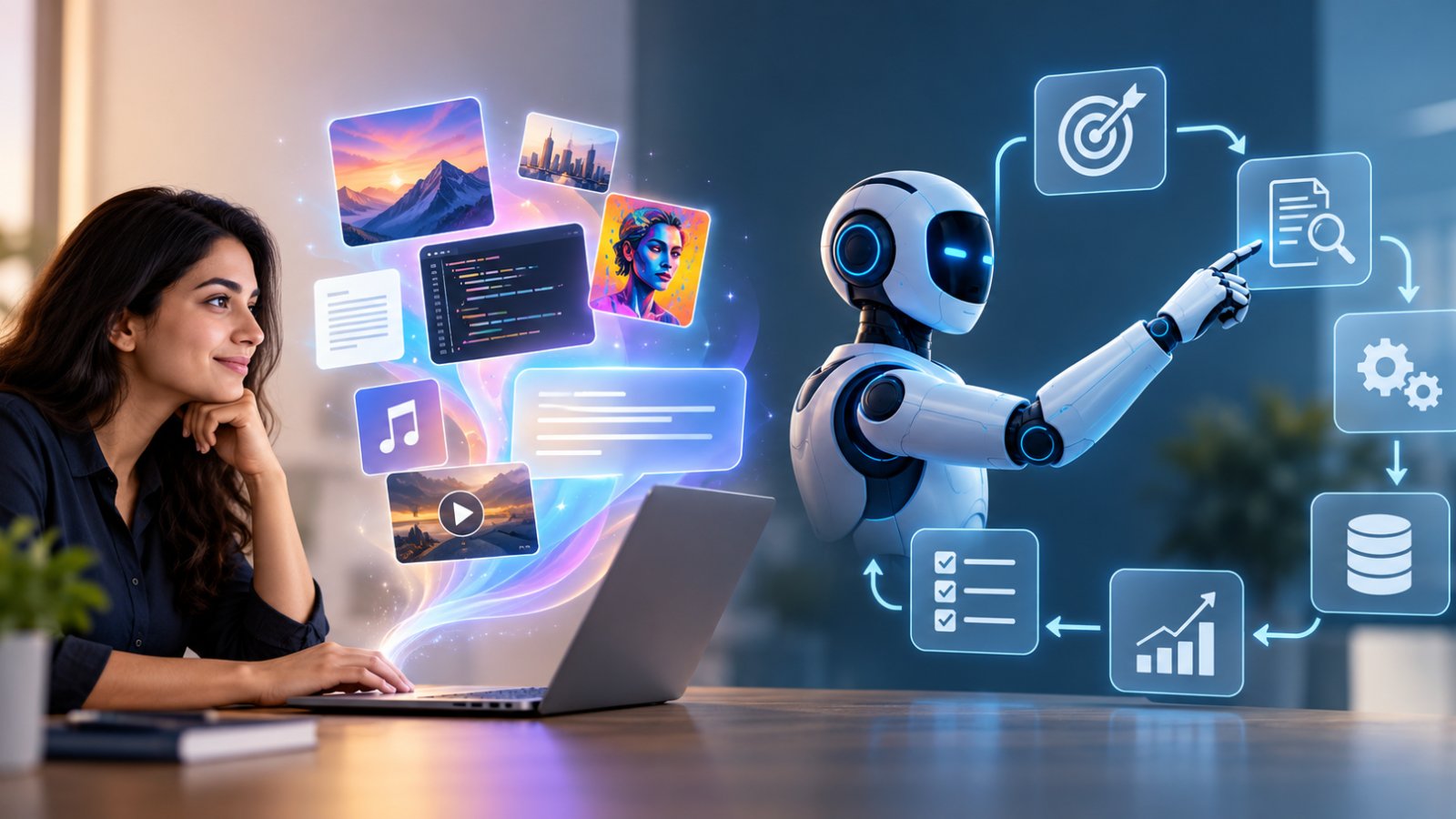Generative AI vs. Agentic AI comparison illustrating AI-generated content and autonomous AI agents performing tasks.